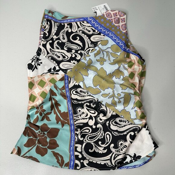 Zara Patchwork Print Satin Top Size L Faux Wrap Floral - Picture 2 of 11